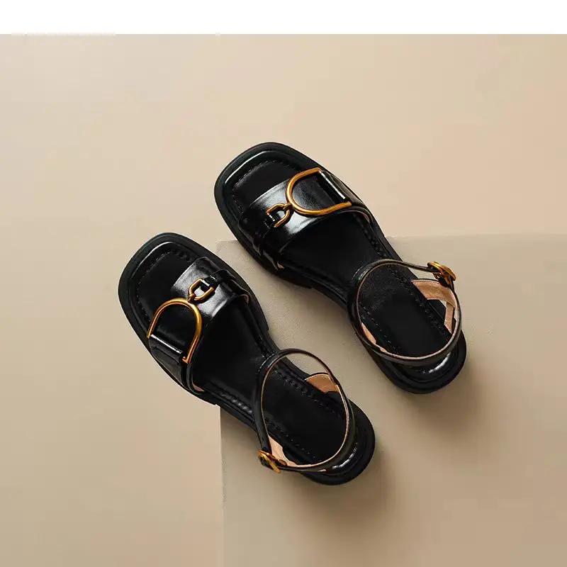 Retro Fashion Sandals Women's Summer Thin Open-toed Buckle Low-heeled Shoes