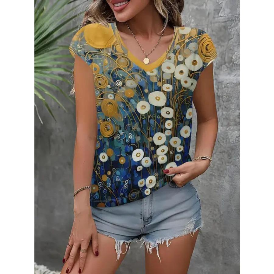 

винтажная женская футболка с цветочным принтом, с коротким рукавом, с V-образным вырезом, топы, удобные футболки 2XL
