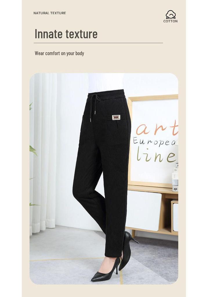 Corduroy Women's Plus Size Cotton Pants for Winter/Autumn, Thickened with Velvet, Ideal for Middle-Aged and Elderly.