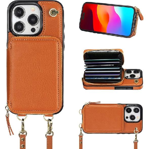 Bocasal Crossbody Wallet Case for iPhone 15 Pro, RFID Blocking Leather Purse Case with Card Holder, Protective Handbag Flip Cover with Zipper Wrist