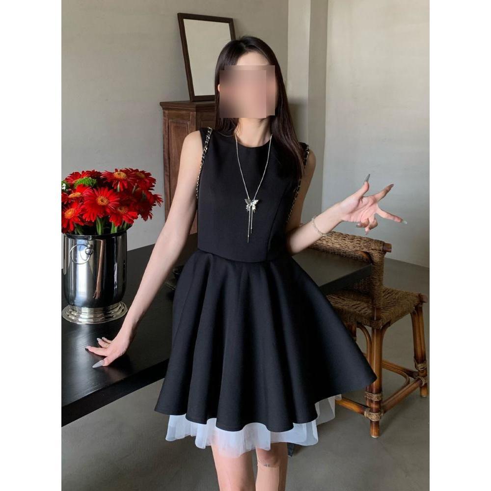 Summer contrasting mesh splicing sleeveless French Hepburn dress casual style temperament waist tutu ballet dress