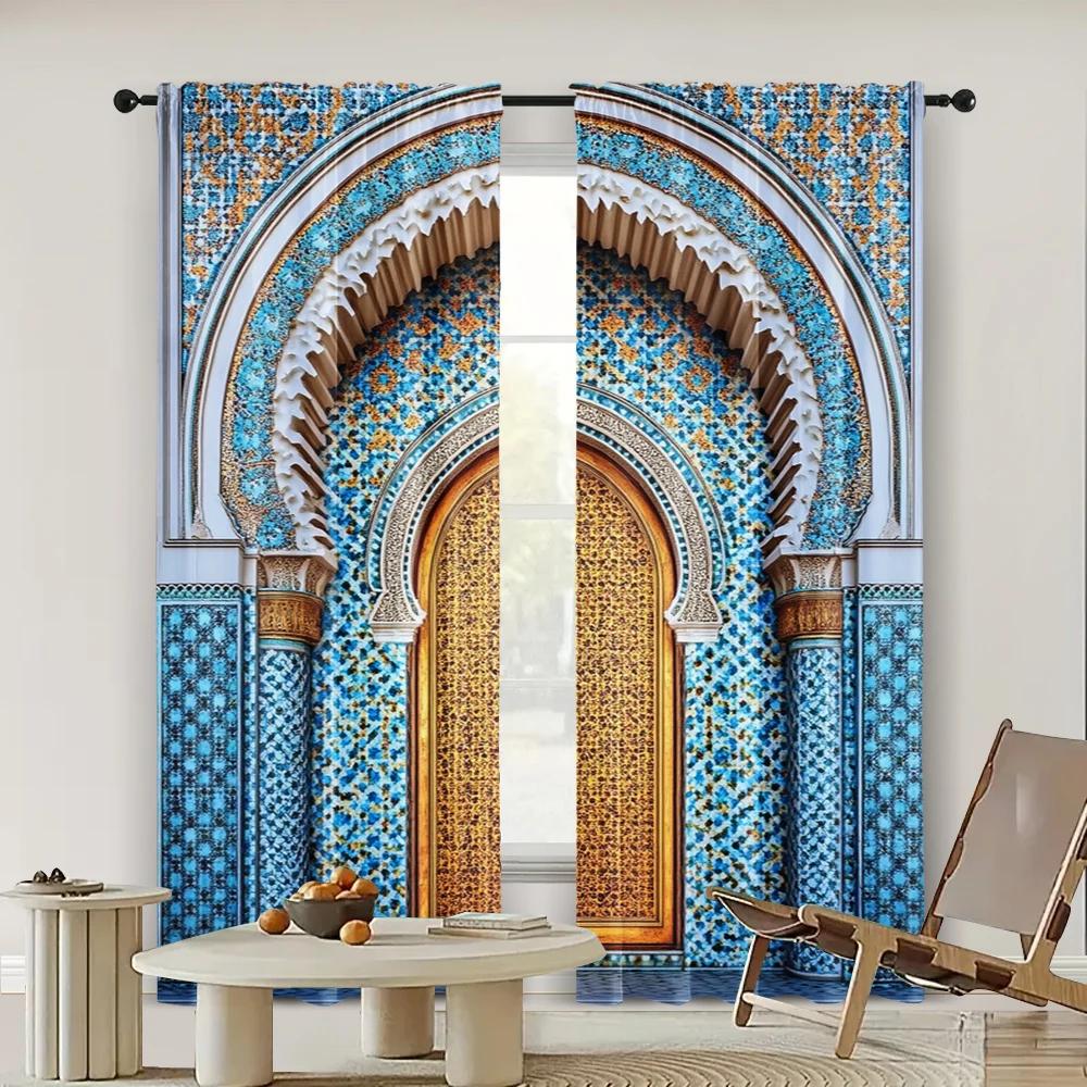 Ancient Morocco Palace Door Print Durable Polyester Without Electricity Versatile Suitable for Multipurpose Event 2pc Curtain