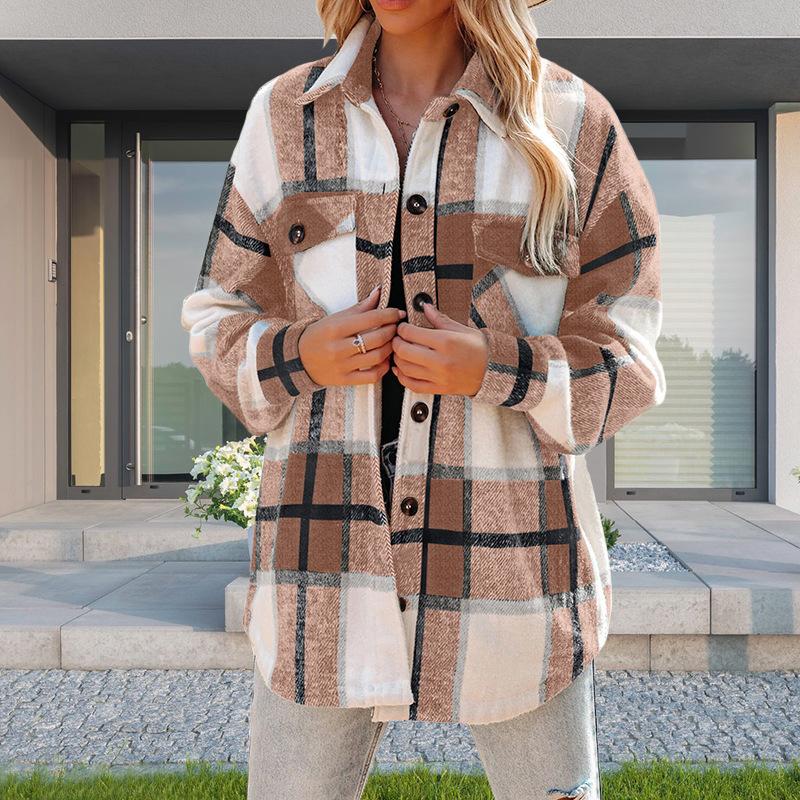 Herbst-Damenjacke, modischer urbaner Stil, lockere einreihige karierte Jacke