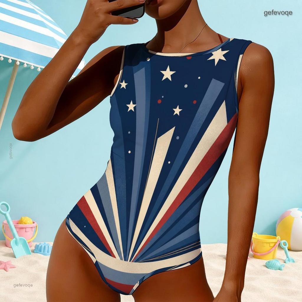 Women Plus Size High Round Neck Sleeveless One Piece Star Moon Printed Swimsuit