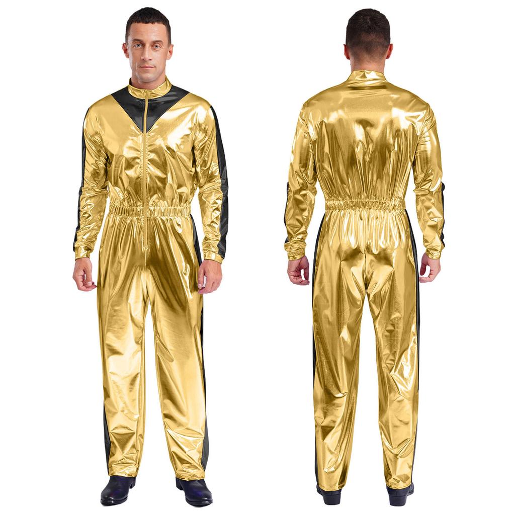 Combinaison de fête scintillante pour homme M-3XL: Body Brillant avec Bloc de Couleurs & Taille Élastique, Manches Longues Mode pour Club & Événements