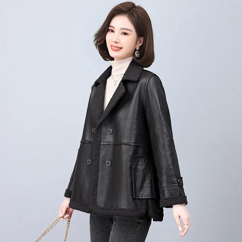 Leather Women's Plus Velvet Autumn and Winter Fur One Haining Plus Velvet Thickened Two-sided Loose Leather Jacket Western Style Jacket