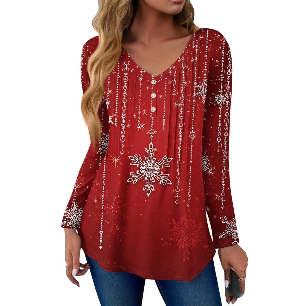 Women's Fashion Casual Christmas Tree Print V-Neck Decorative Button Long Sleeve T-Shirt Top