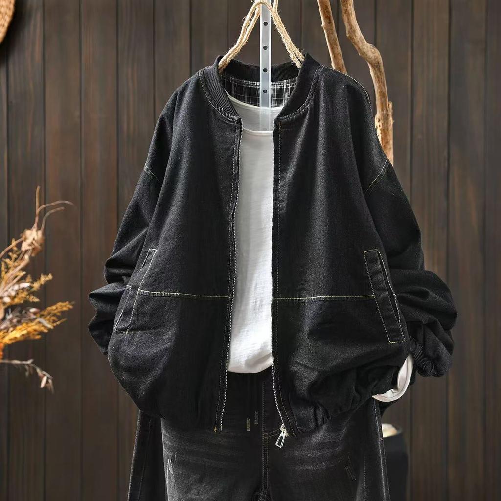 Johnature Women Vintage Stand Jackets Solid Color Zipper Autumn Coats Loose Patchwork Pockets Casual Jackets