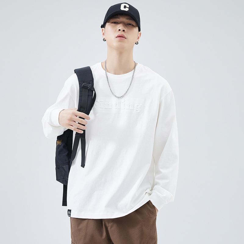 Heavyweight Pure Cotton Men Long Sleeve Crew Neck Loose Casual T Shirt