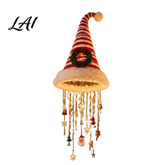 Indoor Christmas Craft Supplies Light‑Up Santa Hat Hanging Chandelier DIY Kit Warm LED String Lights Light Ornaments Pendant with Star Tassel,