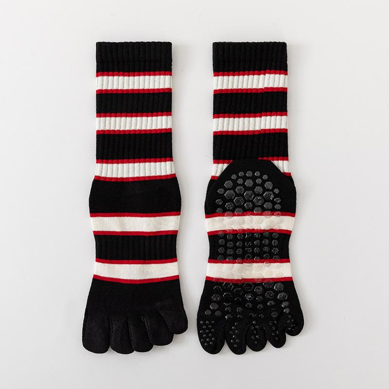 Spring and Summer Bright Striped Mid-calf Split-finger Cotton Socks, High-top Yoga Fitness Sports Anti-slip Socks, Five-finger Socks Pilates