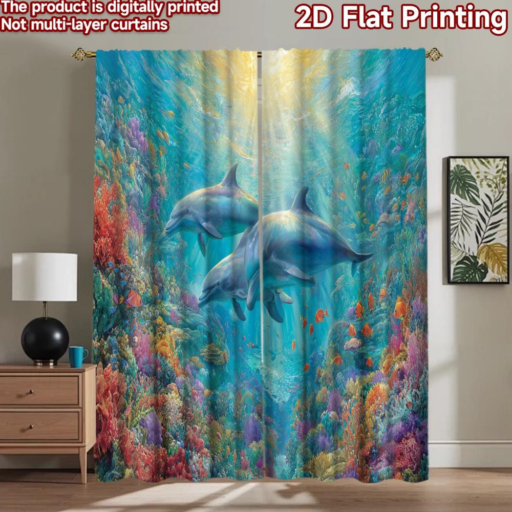 2D Flat Printing 2pcs Curtain Dolphins Coral Reef Ocean Digital Printed Polyester Drapes Festive Holiday Perfect for Photo