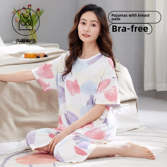 2025 Sommer Damen Pyjama Set mit Brustpolster Weich locker Kurzarm Oberteile und Caprihosen Zweiteilige Nachtwäsche Lingerie Homewear