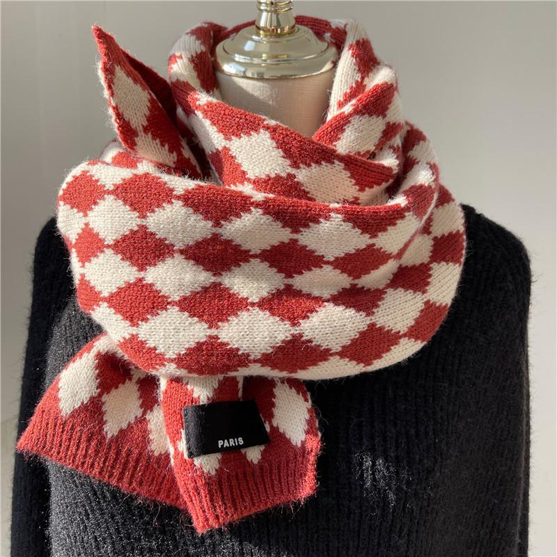 Scarf for Women Autumn and Winter Korean Version Versatile Checkerboard Student Couple Warm Knitted Wool Scarf Spring Festival Festive Red