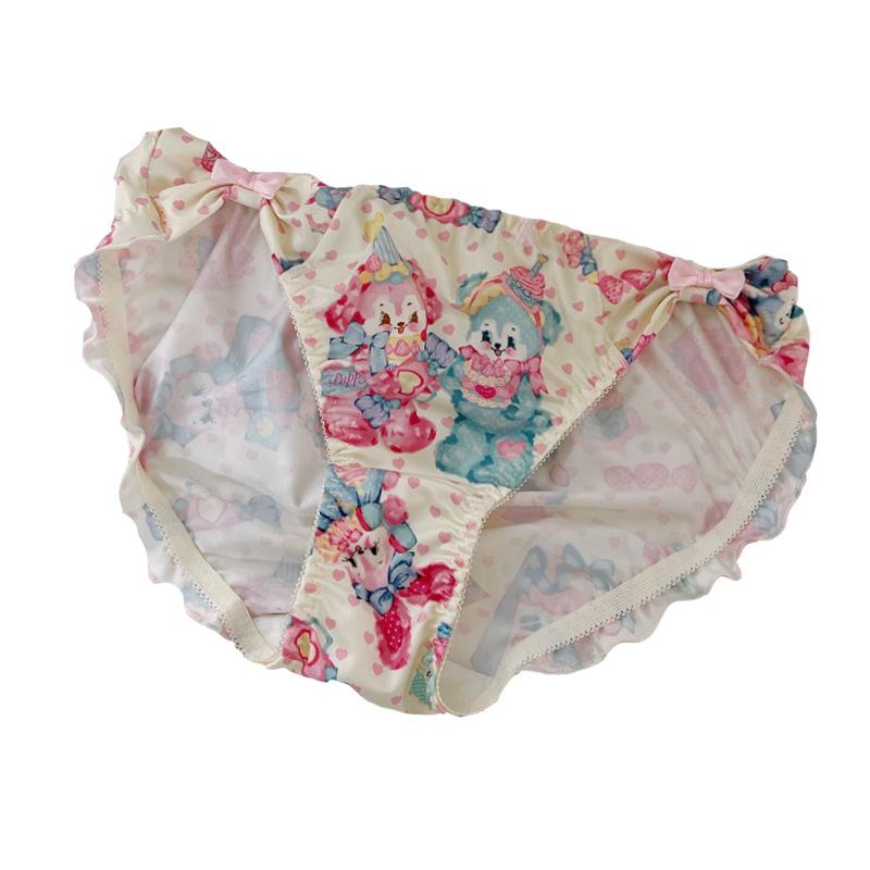Cute Rabbit Print Bow Milk Silk Triangle Panties – Comfortable Hip-Wrap Student Style