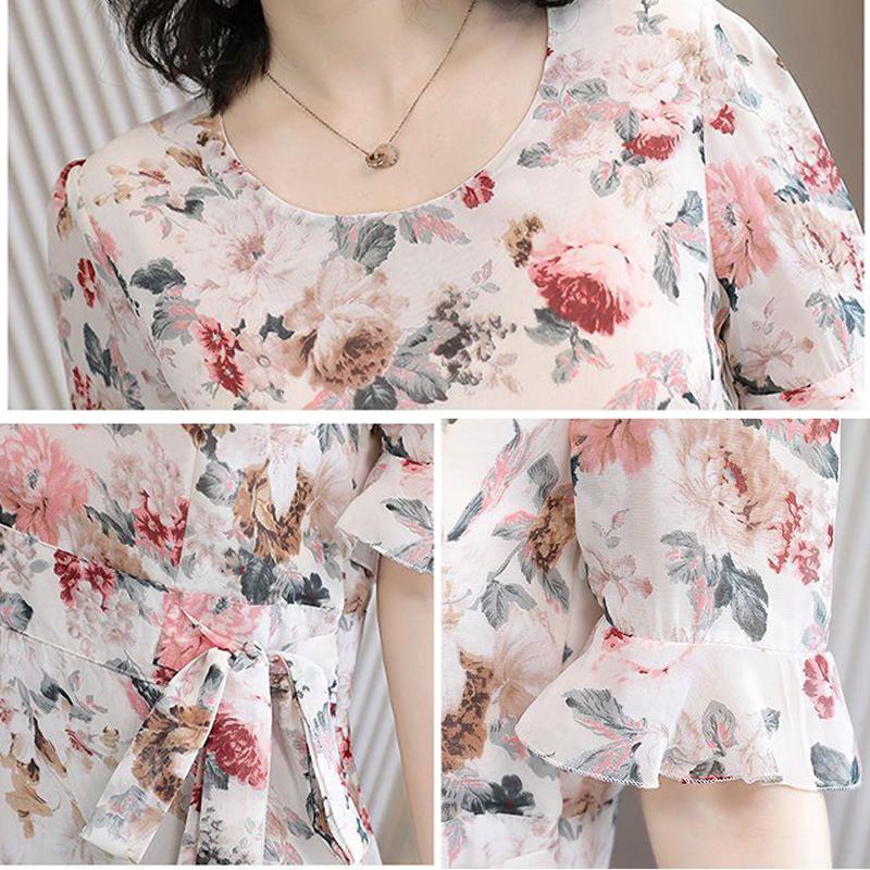 Women's Summer Dress Large Size Chiffon Print Round Neck Short Sleeve Skirt Length To Calf