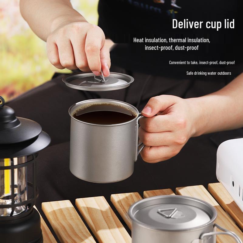 Pure Titanium Travel Mug with Lid and Folding Handle - Perfect for Coffee, Tea, or Water on Camping Trips