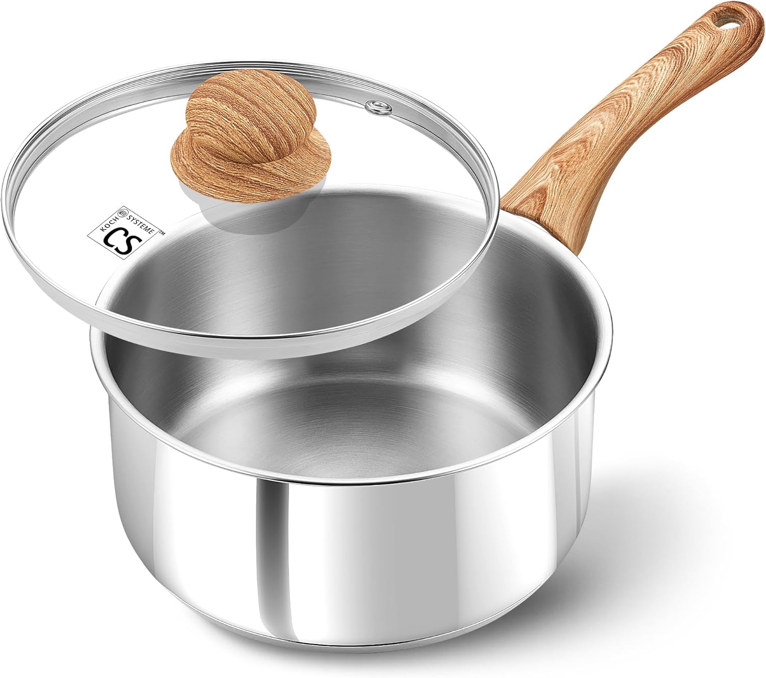 

KOCH SYSTEME CS Stainless Steel Milk Pot Set with Wood Grain Handle 1QT 2QT 3QT Triple Bottom Induction Oven Dishwasher Safe