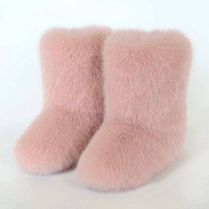 Mao Mao Stiefel Damen Warm Rutschfest Imitation Fuchs Mittelhoher Schaft Imitation Waschbärfell Winter Schneestiefel