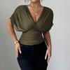 Moda Casual para Mujer Top de Cuello en V con Mangas Cortas tipo Ala y Cintura Ceñida