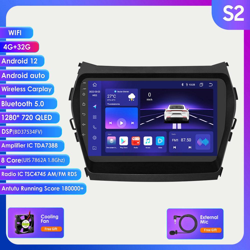 Carplay 4G-LTE 2 Din Android 12 Autorádio Multimediální video přehrávač pro Hyundai Santa Fe 3 2013-2017 IX45 Navigace GPS Stereo BT inteligentní obrazovka