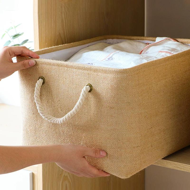 Foldable Linen Storage Basket Large Capacity Cosmetic Miscellaneous Storage Box Coarse Hemp Rope Handle Dirty Clothes Basket Home Organizing Box