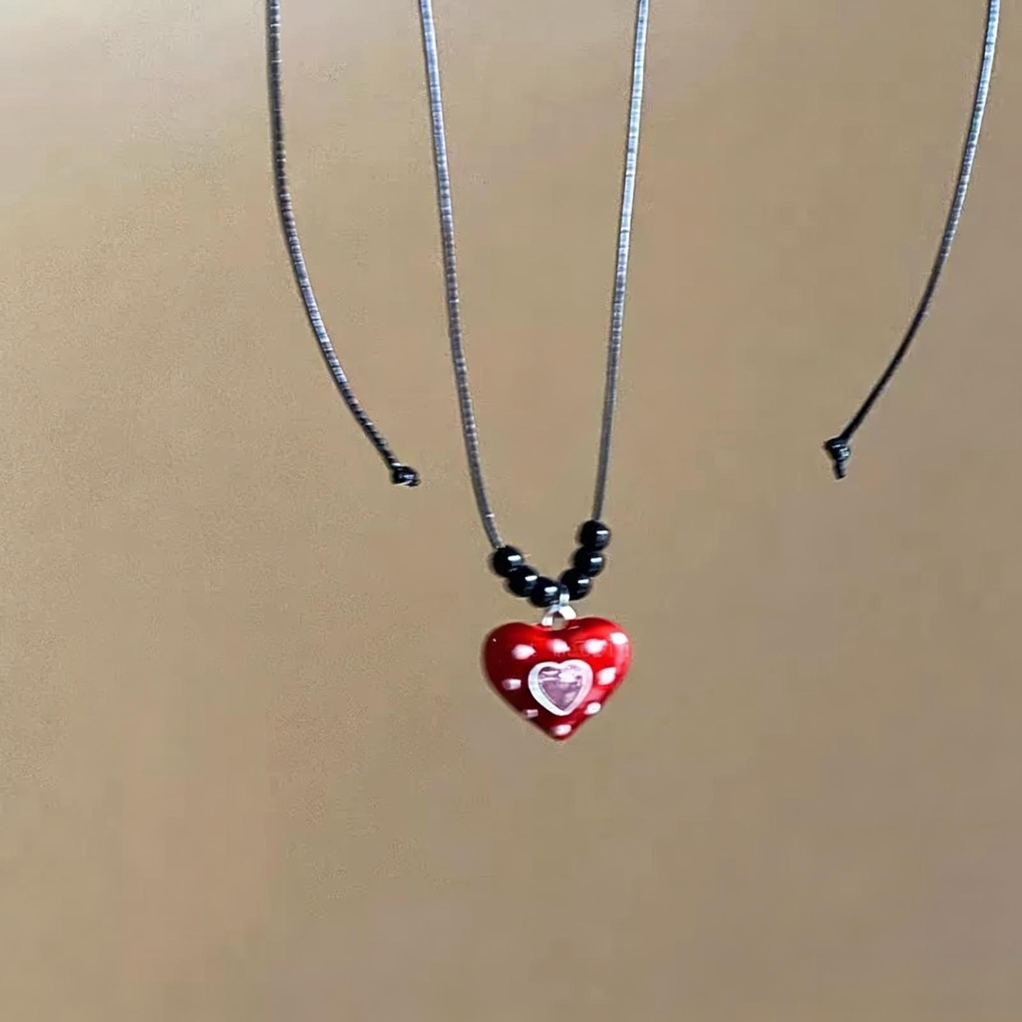 Y2K Red Drip Glaze Mushroom Heart Pendant Necklace Trendy Black Rope Drawstring Cute Exquisite Collarbone Chain for Women Girl