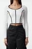 Women's Fashion White Contrast Piping Detailed Fitted Zipper Collar Stretchy Knitted Blouse