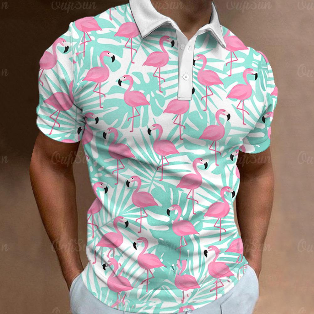 Tropical Flamingo Print Short Sleeve Polo, Casual Summer Top