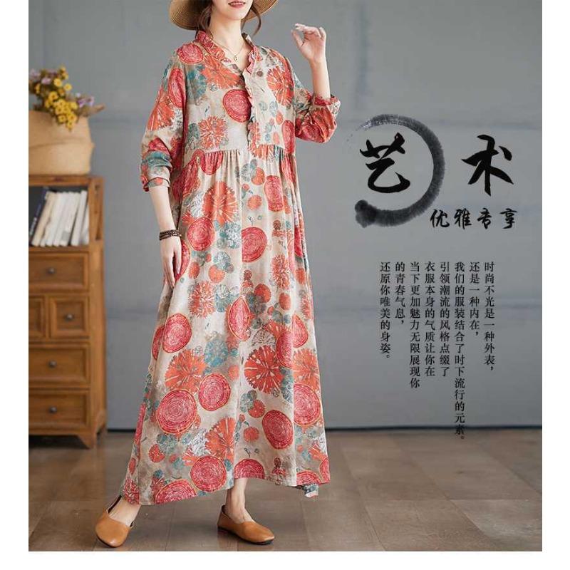 Vintage Printed Loose Lace Long Sleeve Hem Long Dresses