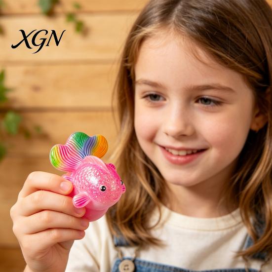 Anxiety Relief Toy Rainbow Tail Goldfish Squeeze Stress Clear Glitter Fish Sensory Portable Reliever Soft Stretchy Shape Home Office Desk Ball