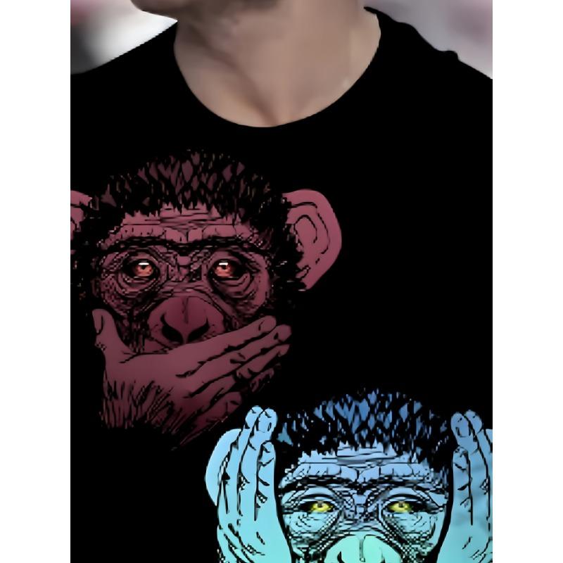 Men's Three Wise Monkeys 3D Printed T-Shirt Casual Short Sleeve Crewneck Top Spooky Skull Chimpanzee Graphic Tee Hip Hop Streetwear Summer Clothes