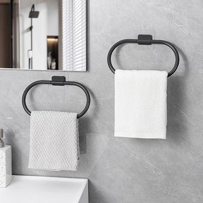 Plastic Towel Holder Self-Adhesive Bathroom Towels Rack Black Washhand Hanger Ring Rail Bar Kitchen Storage Accessories