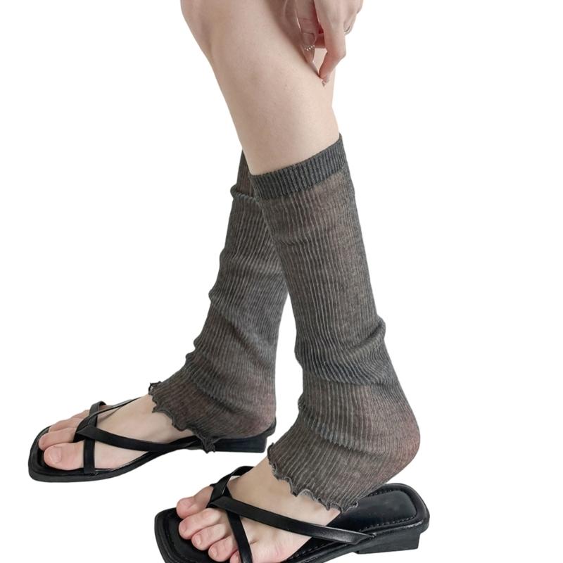 Womens Ruffled Trimmed Knee Length Socks Soft Acrylic Fabric Ribbed Knitted Thin Sheer Leg Warmers Covers For Daily Outfits