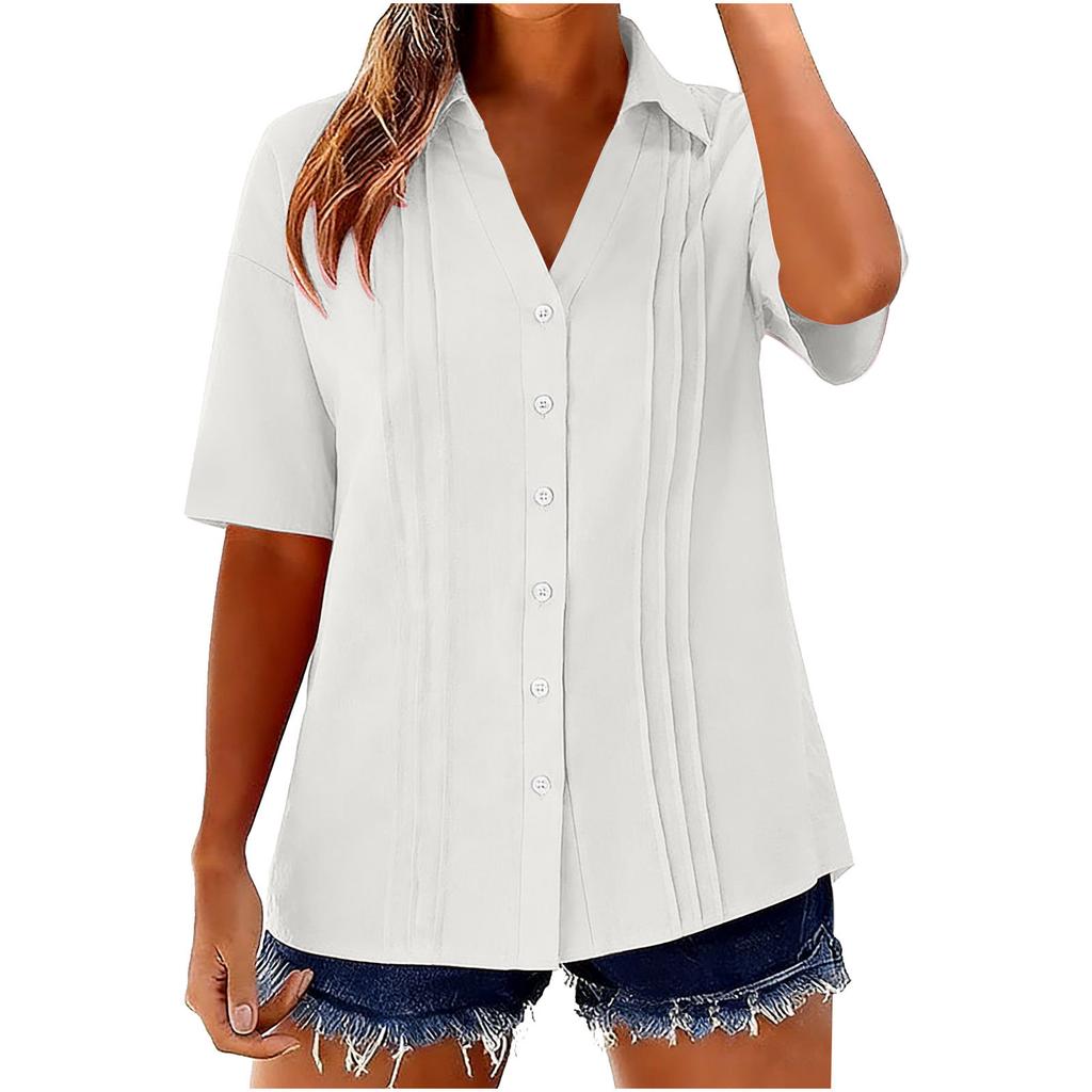 Women's Fashion -Color Cotton-Linen Collared Shirt: Short-Sleeve Button-Down Pleated Top
