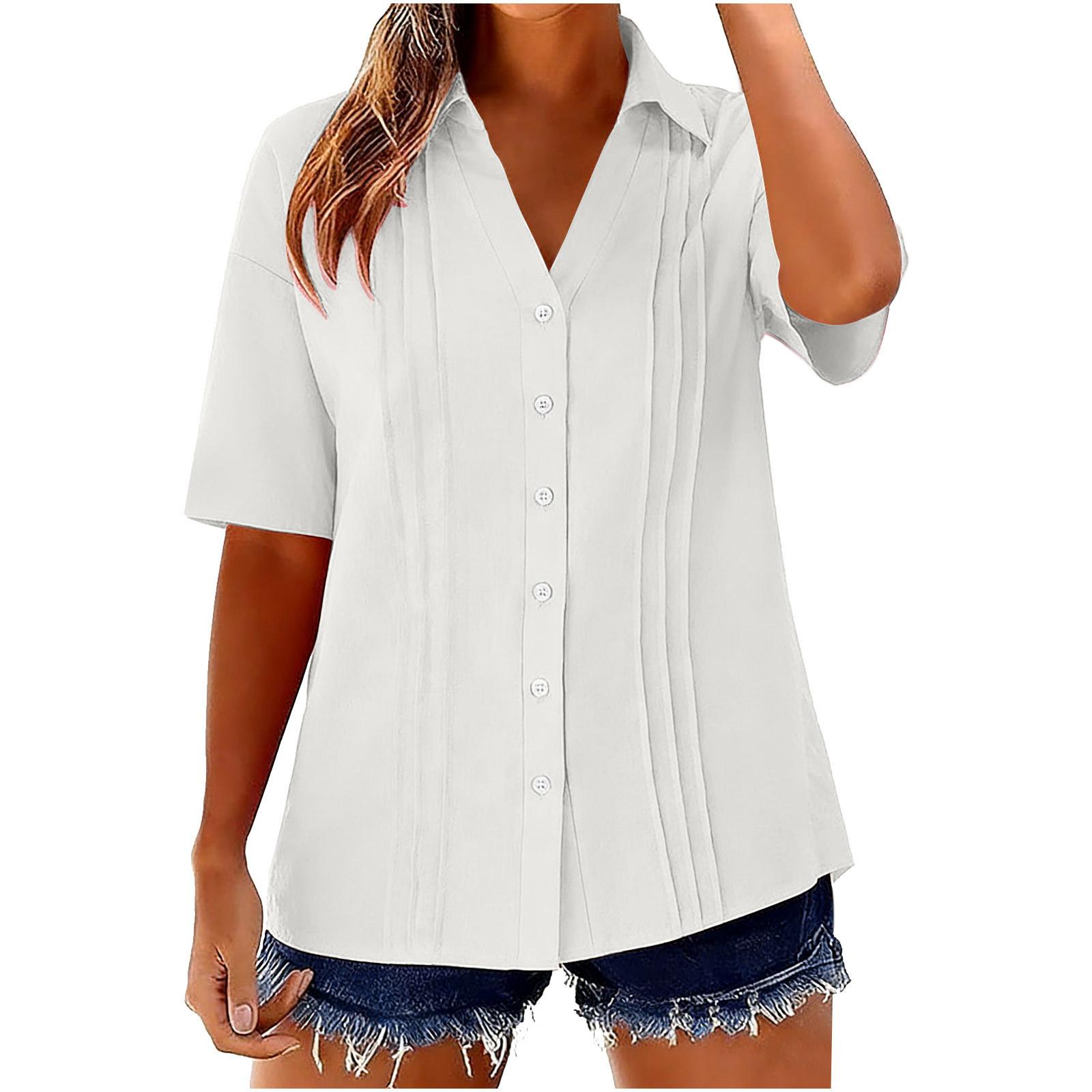 

Women s Fashion -Color Cotton-Linen Collared Shirt: Short-Sleeve Button-Down Pleated Top XL білий