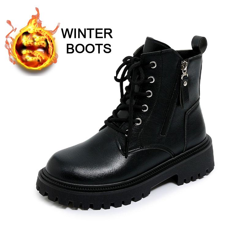 Women’s Winter Boots Casual Brown Short Motorcycle Boots Street Style Black Warm Ankle Boots with Fur Plus Size