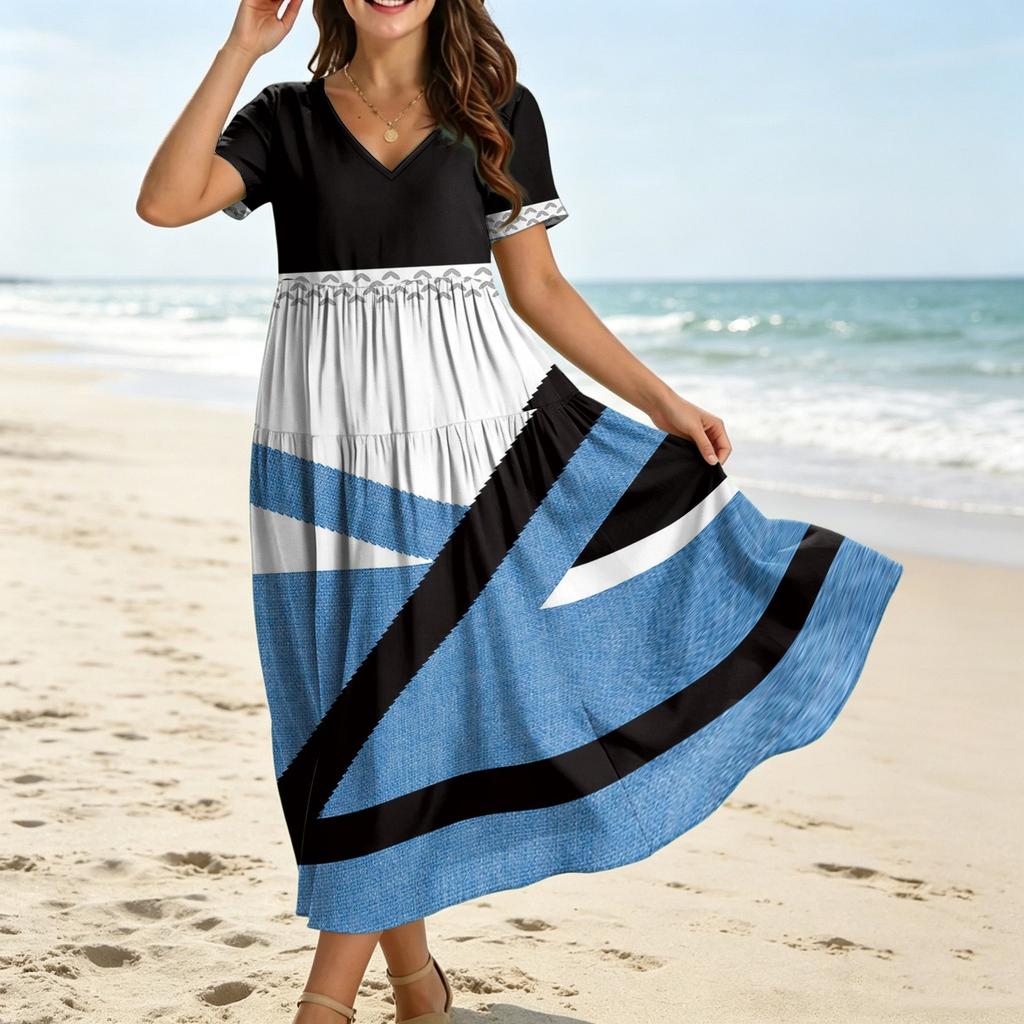 Women's Casual Loose Fit Bohemian Style Gradient Print Short Sleeve V Neck Maxi Dress with Flowing Skirt and Relaxed Silhouette