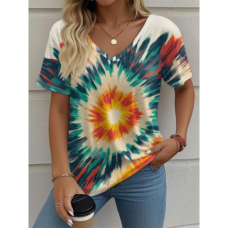 Women's T-Shirt Tie-Dye Gradient Printing Fashion Casual V-Neck Short-Sleeved Outdoor Street Summer Women's Clothing