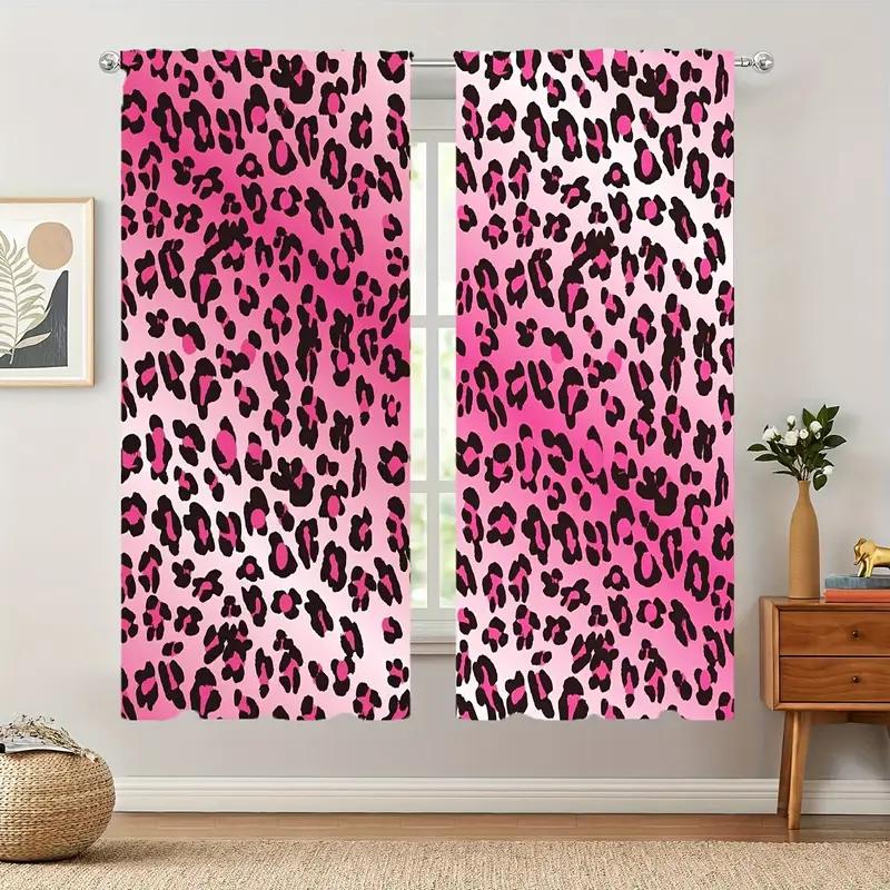 2PCS pink leopard print curtains with pole bag design   protecting privacy and suitable for various decorative scenes