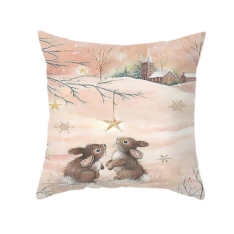 Christmas Cushion Cover Xmas Gifts Home Decor Animals Throw Pillow Cover Rabbit Deer Horse Fox Snowman Angel Printed Pillowcases