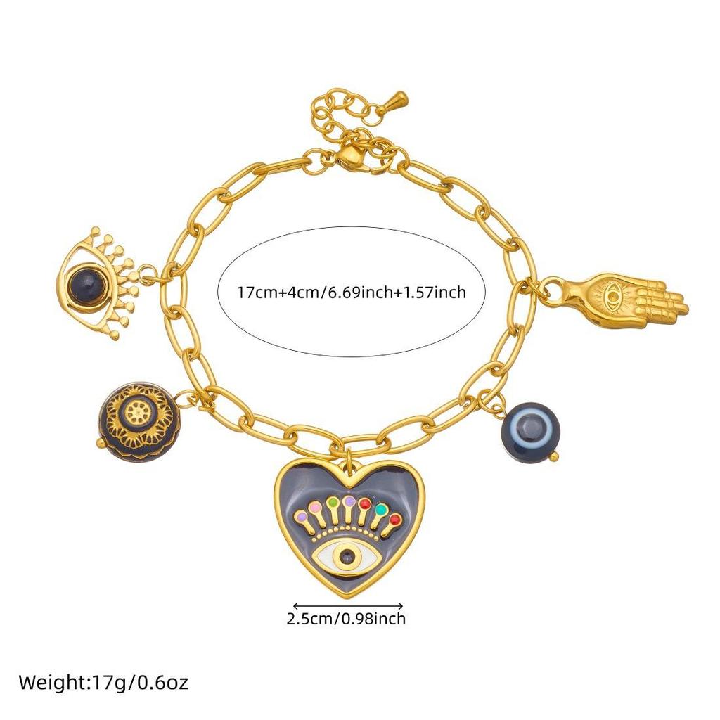 Trendiger Cartoon Strassstein Auge & Herz Gold Anhänger Stahl Set