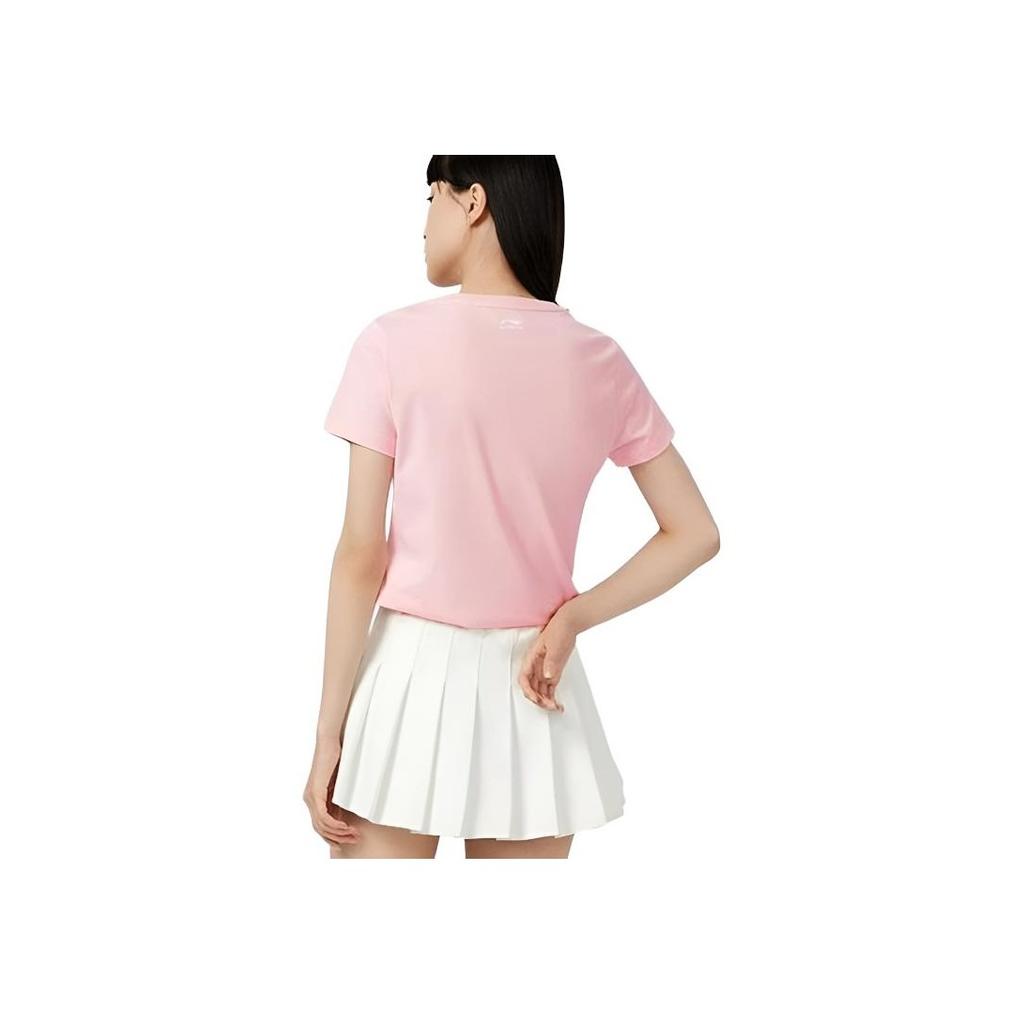 Li Ning X Disney Mickey Cartoon Print Round Neck Pullover Short Sleeve T-Shirt Women Tops Pink AHSR648-3