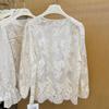 Women's 2026 Spring Jacquard Lace Puff Sleeve Blouse - Chinese Style, See-through Long Sleeve, Button-up Shirt