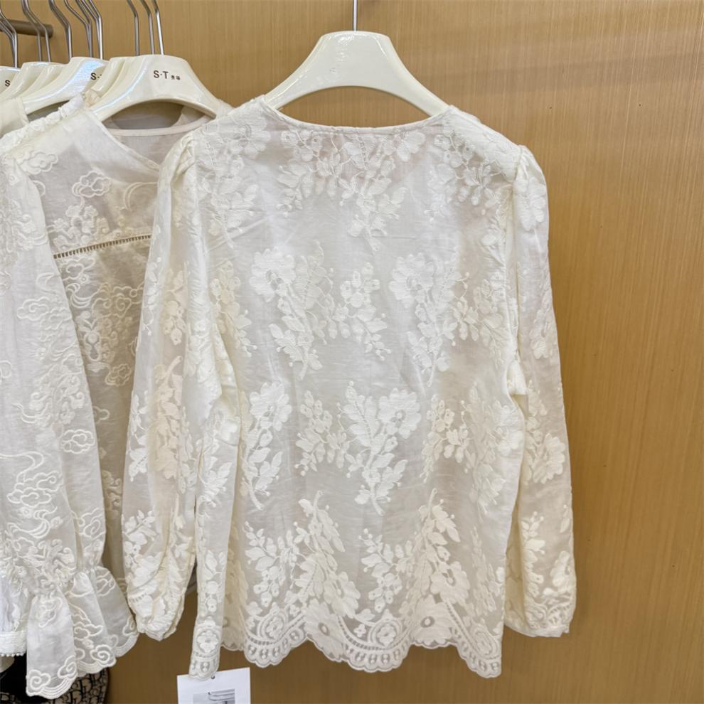 Women's 2026 Spring Jacquard Lace Puff Sleeve Blouse - Chinese Style, See-through Long Sleeve, Button-up Shirt