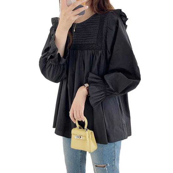 

Женская рубашка с круглым вырезом и длинным рукавом-фонариком, пуловер, однотонный свободный крой, оборка, плиссированная блузка, повседневная одежда M чёрный