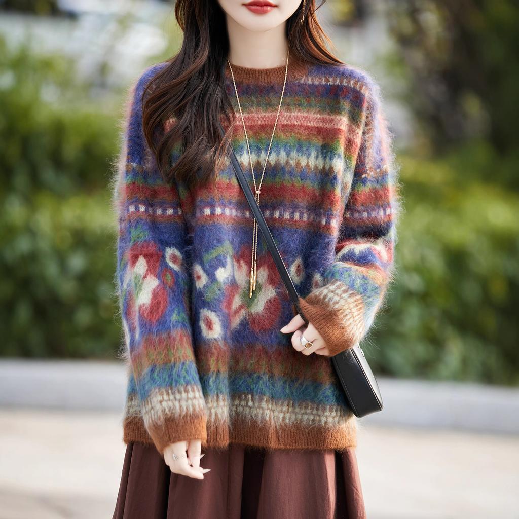 Autumn And Winter New Pulled Multi-Color Jacquard Crew-Neck Knitted Sweater Korean Lazy Style Loose Bottoming Top And Shirt
