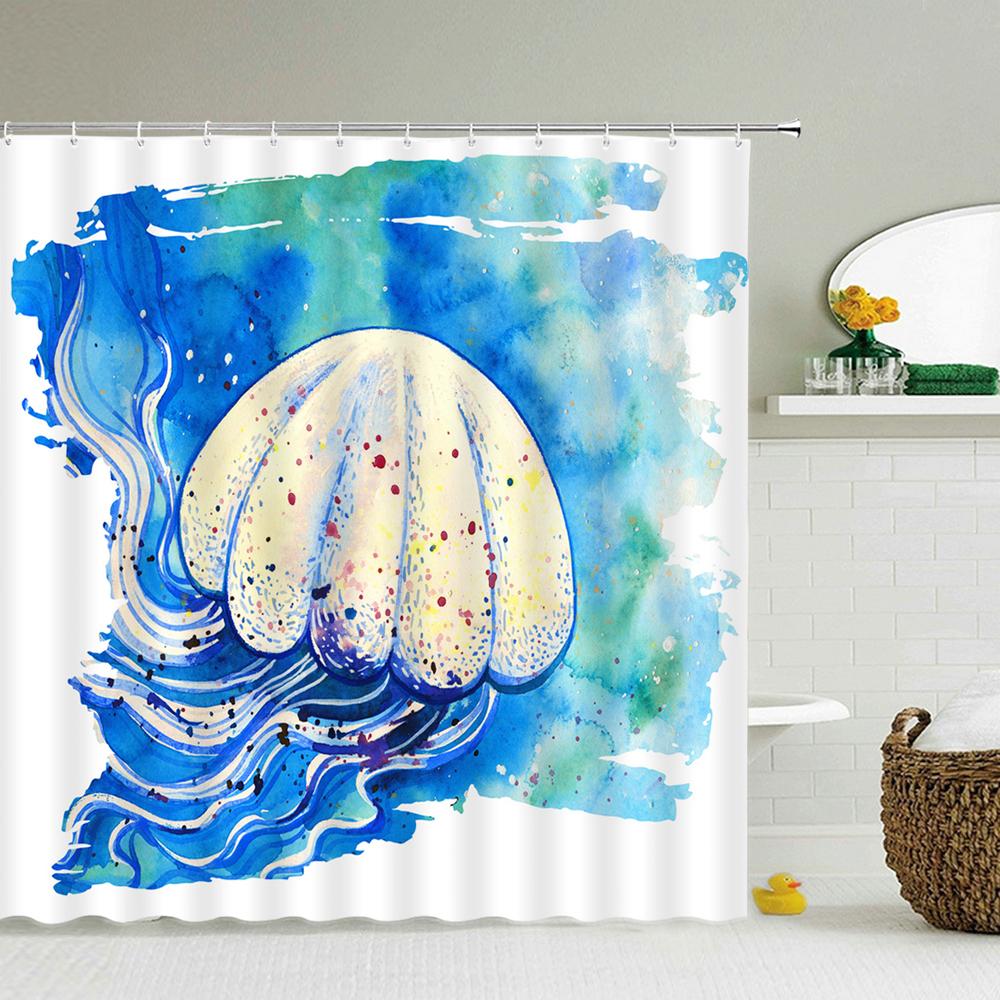 Seestern-Duschvorhang Aus Polyester – Aquarell-Design Mit Korallen & Muscheln, 183 X 183 Cm, Inkl. 12 Haken