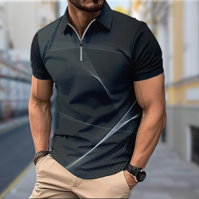 Мужская рубашка поло повседневная на молнии с коротким рукавом модная повседневная — фото 3
