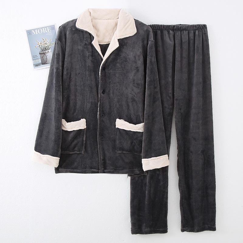 Par Förtjockad Korallfleece Hemkläder Höst Vinter Dam Flanell Pyjamas Herr Enfärgad Sovkläder Lös Loungekläder